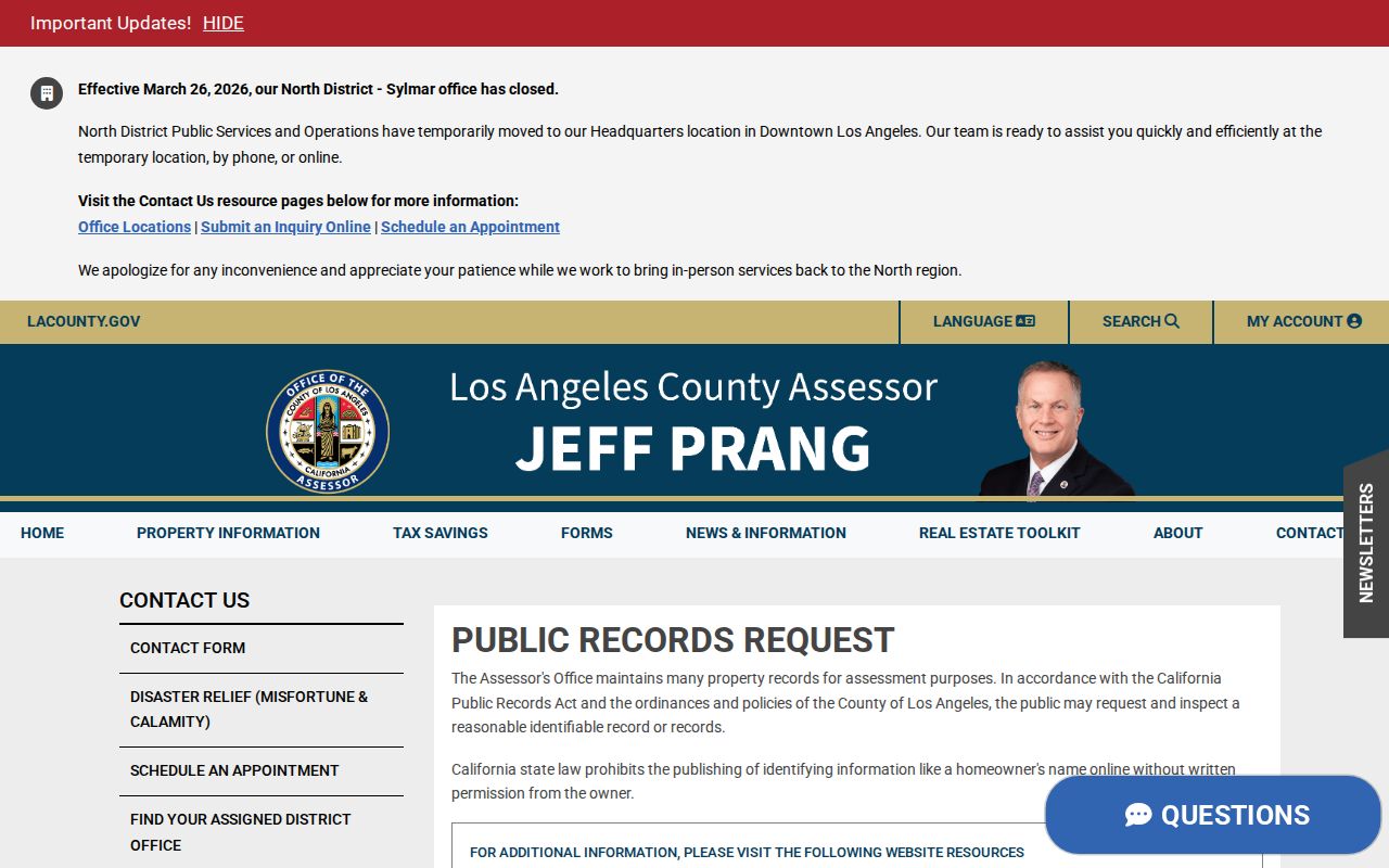 Monrovia public records Los Angeles County Assessor request page