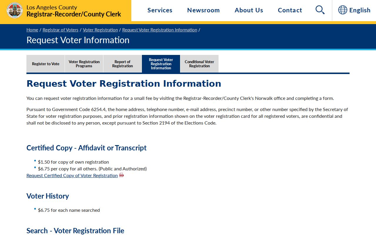 Monrovia voter registration records Los Angeles County request page
